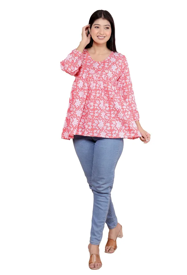 Pink_Printed_Short_Anarkali_3/4Th_Sleeves_Kurti__For_Women