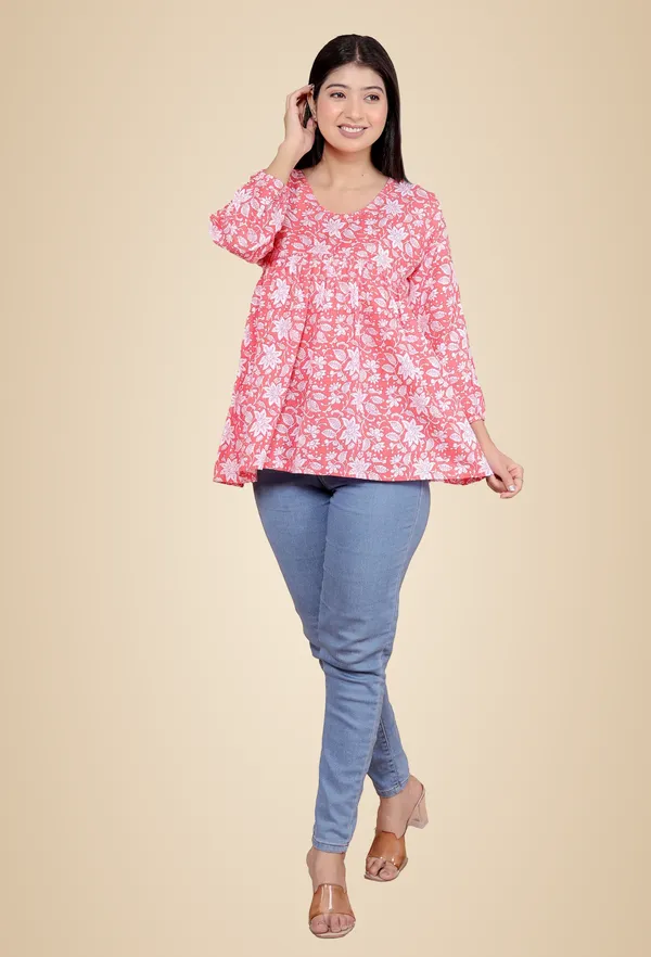 Pink_Printed_Short_Anarkali_3/4Th_Sleeves_Kurti__For_Women