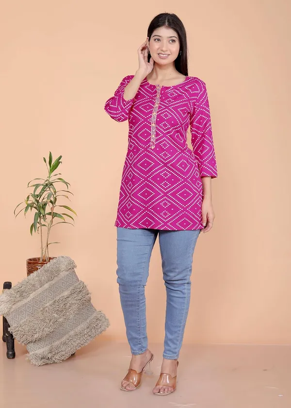 Pink_Bandhej_Printed_Straight_3/4Th_Sleeves_Kurti_Perfect_For_Casual,_Formal,_And_Ethnic_Wear_For_Women