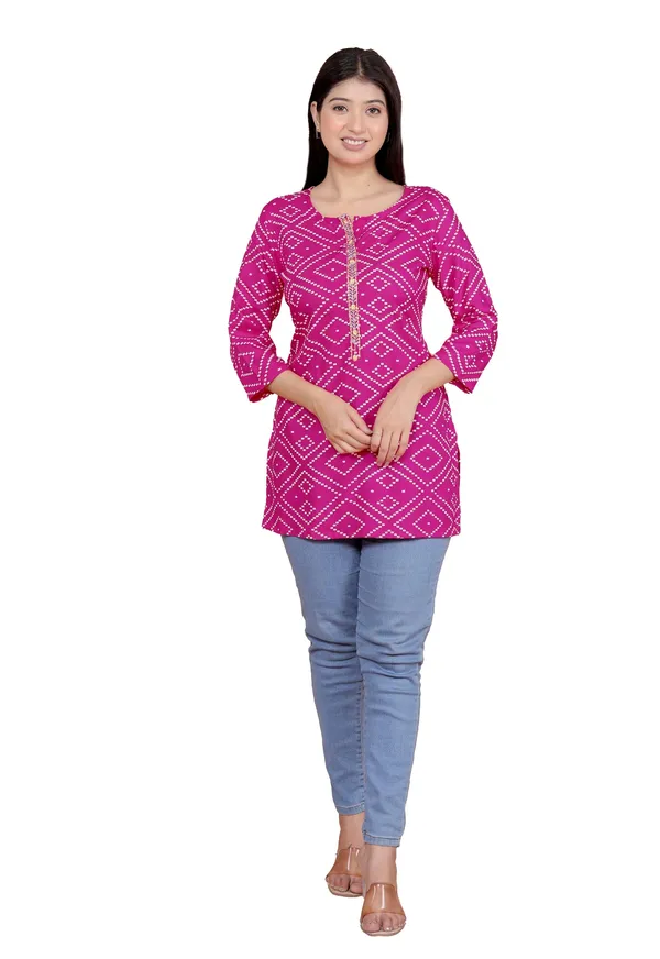 Pink_Bandhej_Printed_Straight_3/4Th_Sleeves_Kurti_Perfect_For_Casual,_Formal,_And_Ethnic_Wear_For_Women