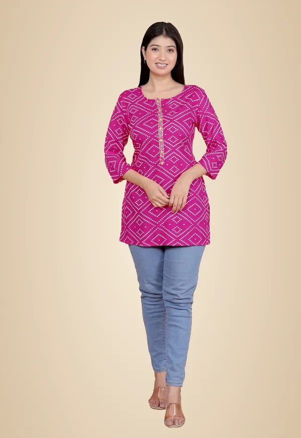 Pink_Bandhej_Printed_Straight_3/4Th_Sleeves_Kurti_Perfect_For_Casual,_Formal,_And_Ethnic_Wear_For_Women