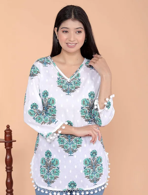 White_Floral_Printed_Straight_3/4Th_Sleeves_Kurti_Perfect_For_Casual,_Formal,_And_Ethnic_Wear_For_Women