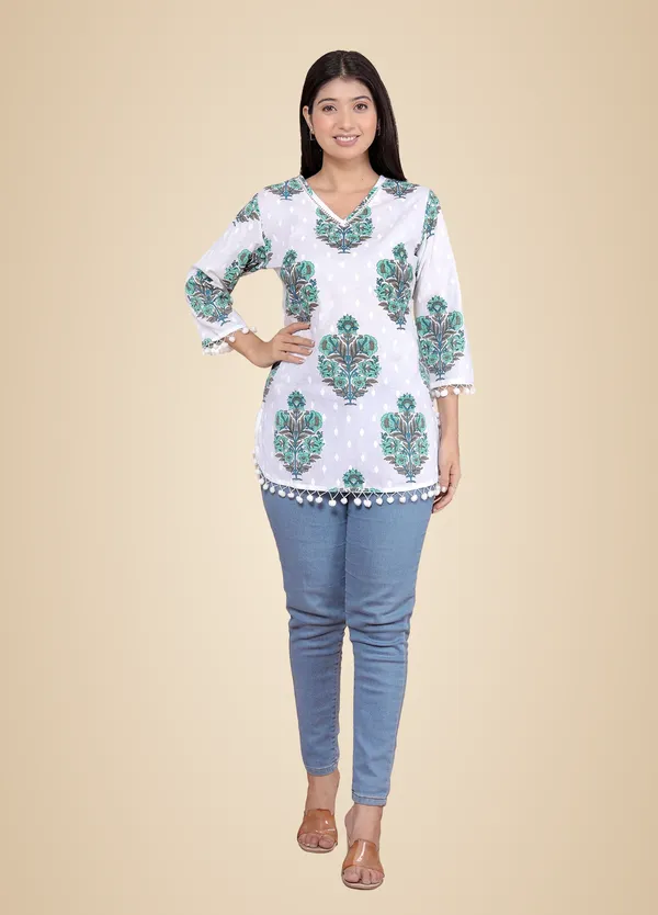 White_Floral_Printed_Straight_3/4Th_Sleeves_Kurti_Perfect_For_Casual,_Formal,_And_Ethnic_Wear_For_Women