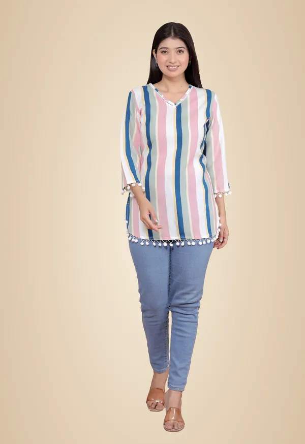 White_Pink_Women_Printed_Straight_A-Linen_Kurti_|_3/4Th_Sleeves_Ethnic_Kurta_For_Casual,_Office_For_Women