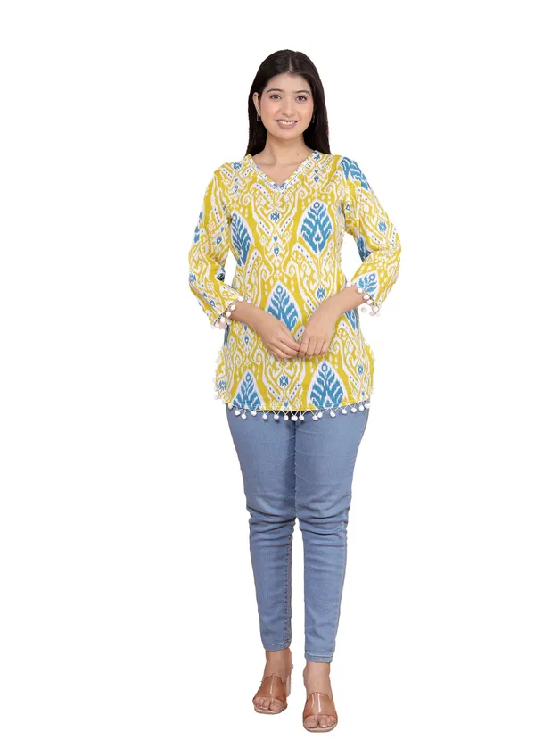 Yellow_Geometric_Printed_Straight_3/4Th_Sleeves_Kurti_Perfect_For_Casual,_Formal,_And_Ethnic_Wear_For_Women