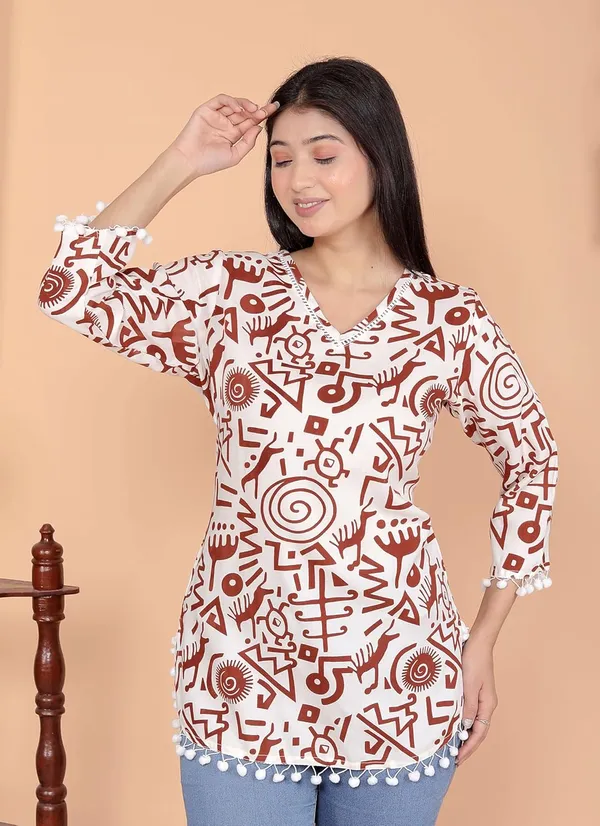 White_And_Maroon_Geometric_Printed_Straight_3/4Th_Sleeves_Kurti_Perfect_For_Casual,_Formal,_And_Ethnic_Wear_For_Women