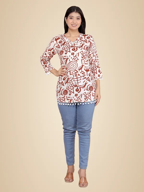 White_And_Maroon_Geometric_Printed_Straight_3/4Th_Sleeves_Kurti_Perfect_For_Casual,_Formal,_And_Ethnic_Wear_For_Women
