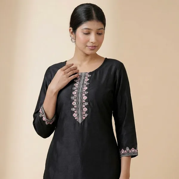 Black_Satin_Embroidered_Printed_Straight_Kurti_For_Women