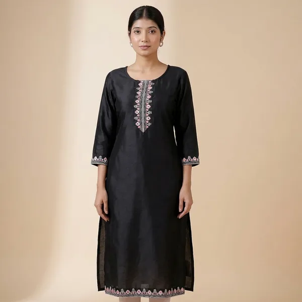 Black_Satin_Embroidered_Printed_Straight_Kurti_For_Women