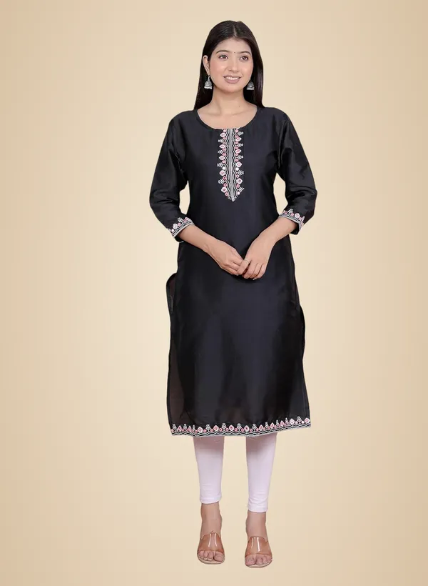 Black_Satin_Embroidered_Printed_Straight_Kurti_For_Women