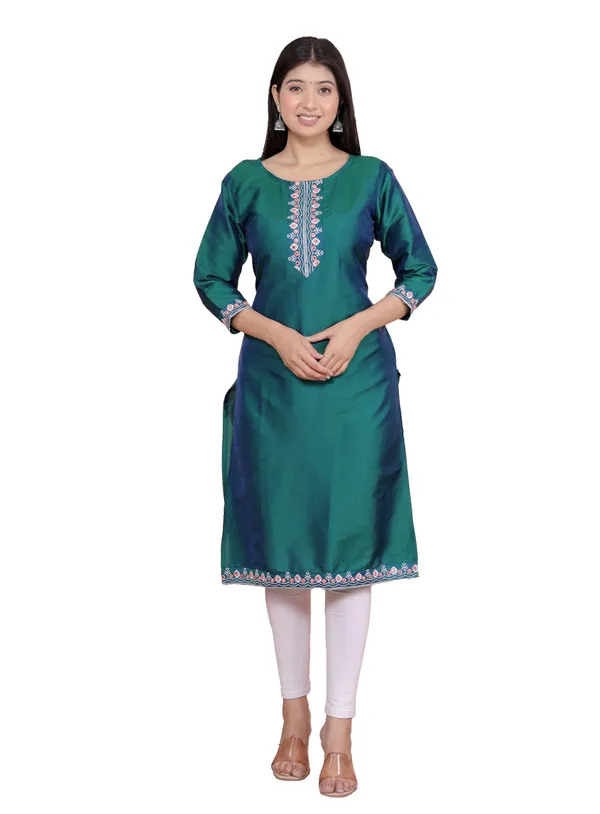 Green_Satin_Embroidered_Printed_Straight_Kurti_For_Women