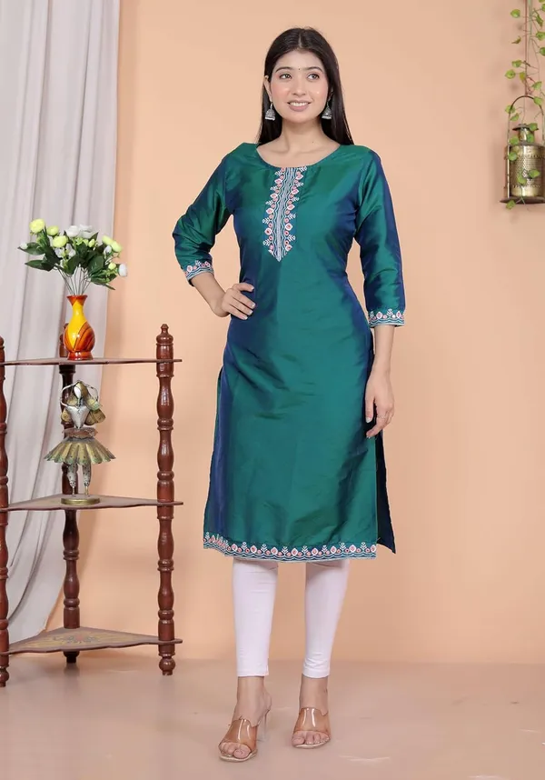 Green_Satin_Embroidered_Printed_Straight_Kurti_For_Women