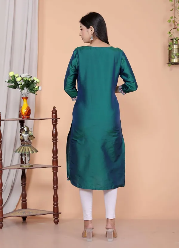 Green_Satin_Embroidered_Printed_Straight_Kurti_For_Women