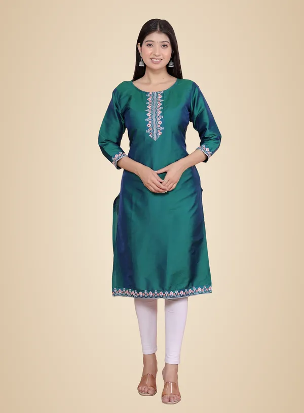 Green_Satin_Embroidered_Printed_Straight_Kurti_For_Women