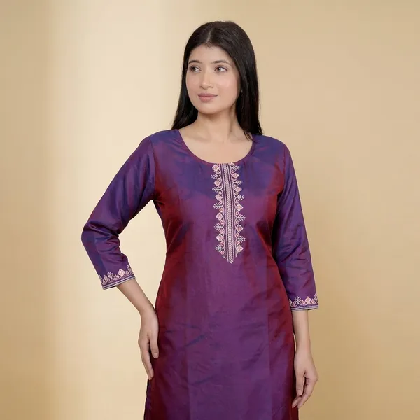 Wine_Satin_Embroidered_Printed_Straight_Kurti_For_Women