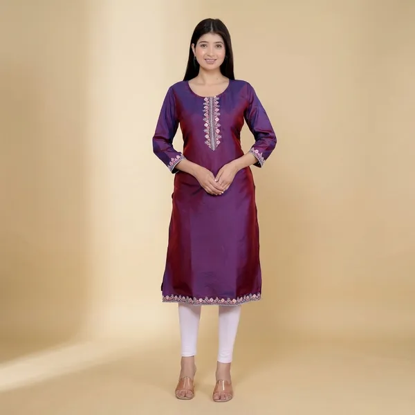 Wine_Satin_Embroidered_Printed_Straight_Kurti_For_Women