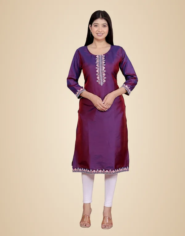 Wine_Satin_Embroidered_Printed_Straight_Kurti_For_Women