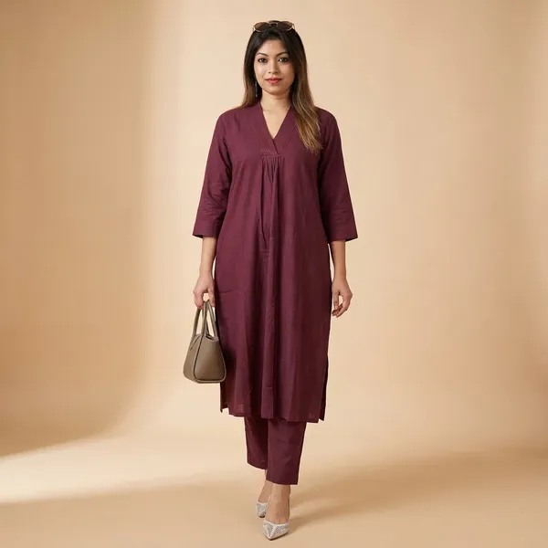Maroon_Cotton_Plain_Cord_Set_A-Linen_Straight_Kurti_With_Pant_For_Women