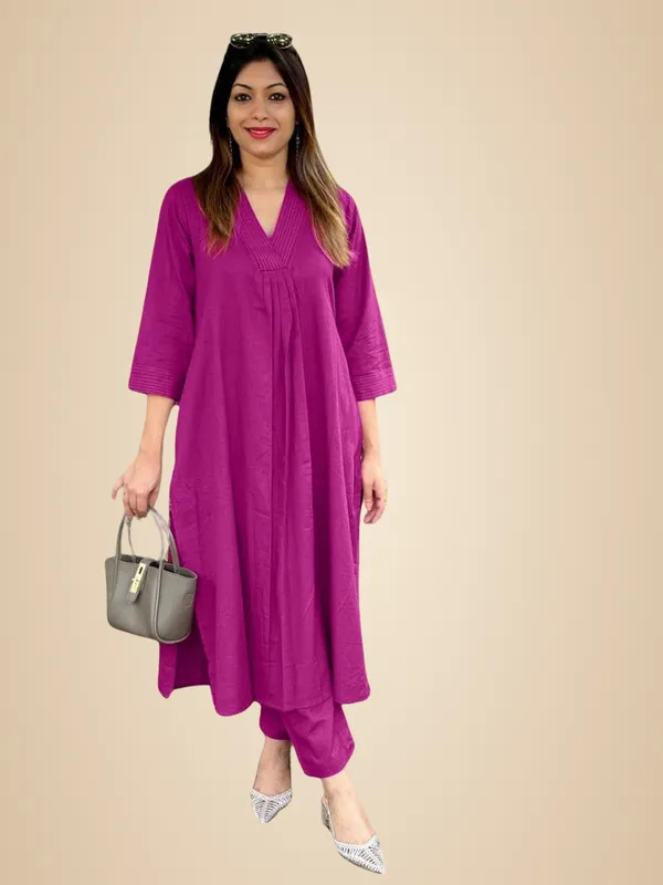 Pink_Cotton_Plain_Cord_Set_A-Linen_Straight_Kurti_With_Pant_For_Women