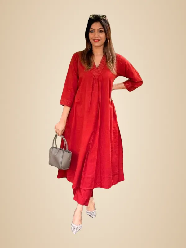 Red_Cotton_Plain_Cord_Set_A-Linen_Straight_Kurti_With_Pant_For_Women