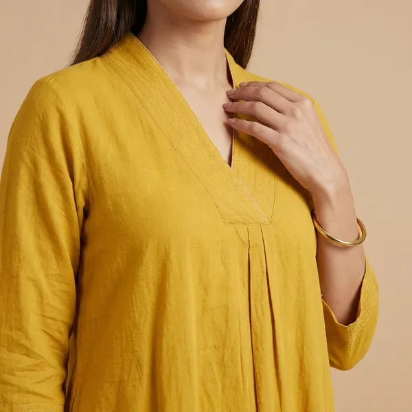 Yellow_Cotton_Plain_Cord_Set_A-Linen_Straight_Kurti_With_Pant_For_Women