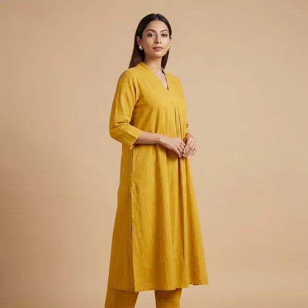 Yellow_Cotton_Plain_Cord_Set_A-Linen_Straight_Kurti_With_Pant_For_Women