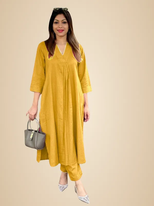 Yellow_Cotton_Plain_Cord_Set_A-Linen_Straight_Kurti_With_Pant_For_Women