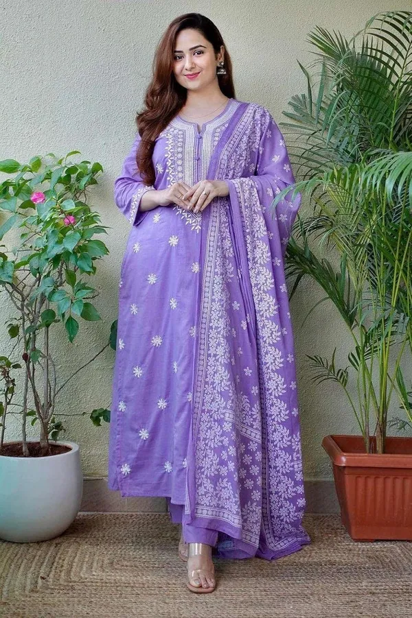 Lavender_Cotton_Floral_Printed_Straight_Kurti_With_Pant_And_Dupatta_For_Women