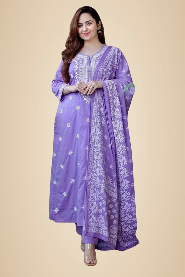 Lavender_Cotton_Floral_Printed_Straight_Kurti_With_Pant_And_Dupatta_For_Women