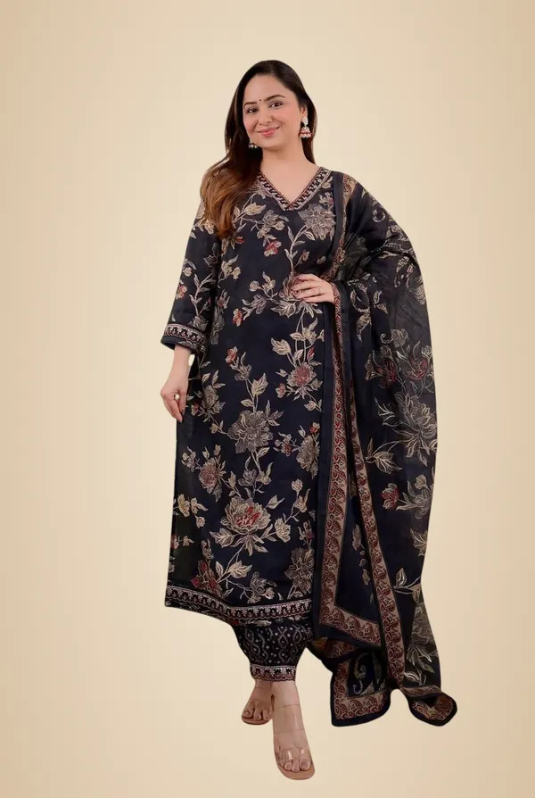 Black_Cotton_Floral_Printed_Straight_Kurti_With_Afghani_Style_Pant_And_Dupatta_Set_For_Women