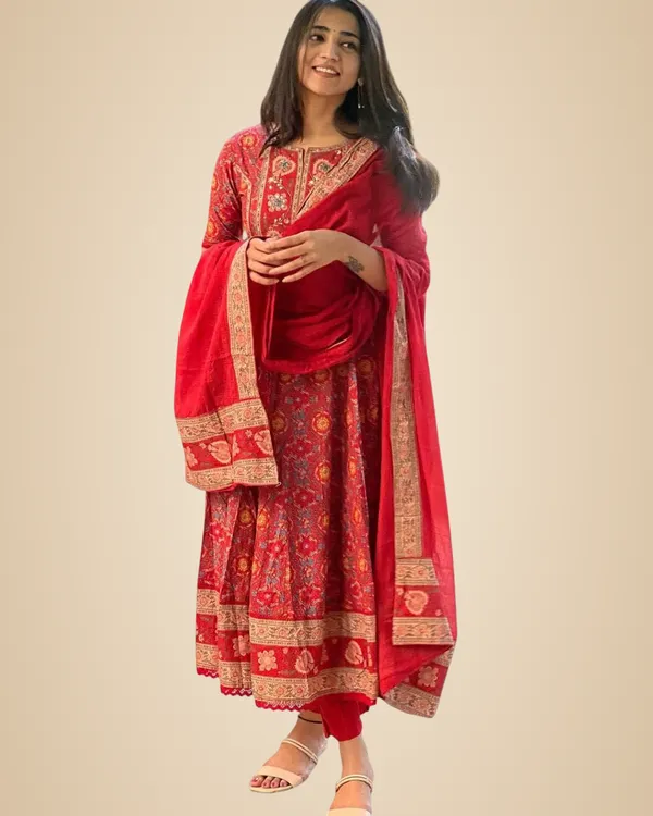 Red_Cotton_Anarkali_Embroidery_Designer_Long_Anarkali_Kurti_With_Pant_And_Dupatta_Set_For_Women