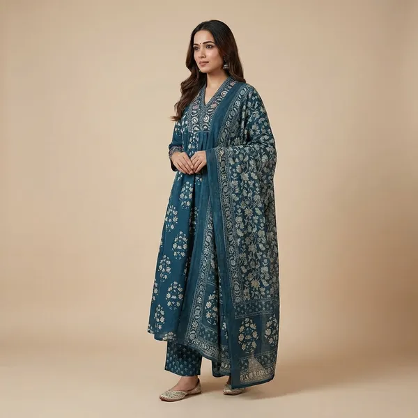 Blue_Cotton_Floral_Printed_Anarkali_Kurti_With_Pant_&_Dupatta_Set_For_Women