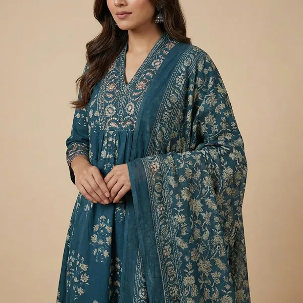 Blue_Cotton_Floral_Printed_Anarkali_Kurti_With_Pant_&_Dupatta_Set_For_Women