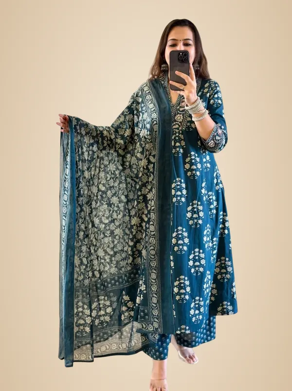 Blue_Cotton_Floral_Printed_Anarkali_Kurti_With_Pant_&_Dupatta_Set_For_Women