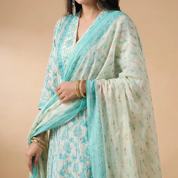 Green_Cotton_Floral_Printed_Anarkali_Kurti_With_Pant_&_Dupatta_Set_For_Women