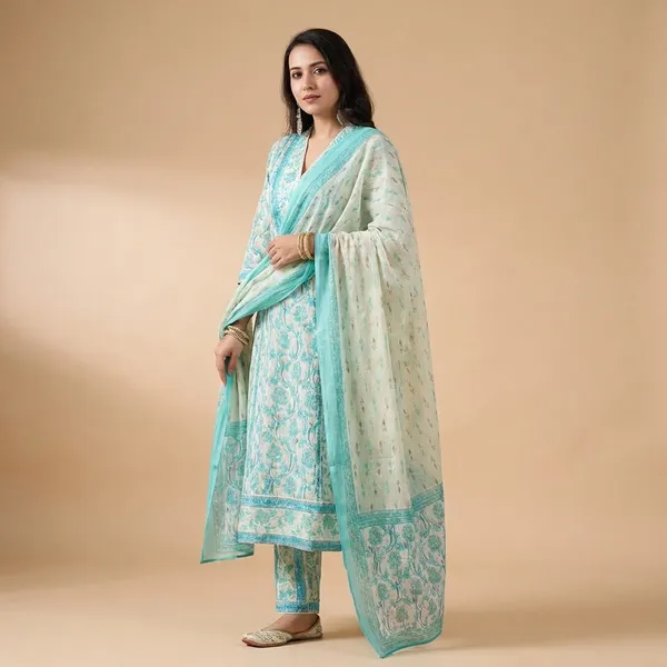 Green_Cotton_Floral_Printed_Anarkali_Kurti_With_Pant_&_Dupatta_Set_For_Women