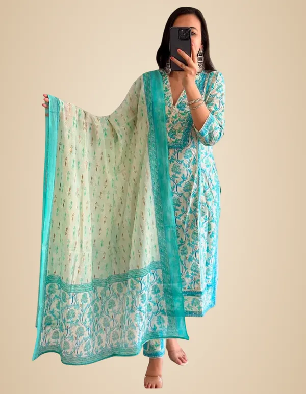 Green_Cotton_Floral_Printed_Anarkali_Kurti_With_Pant_&_Dupatta_Set_For_Women
