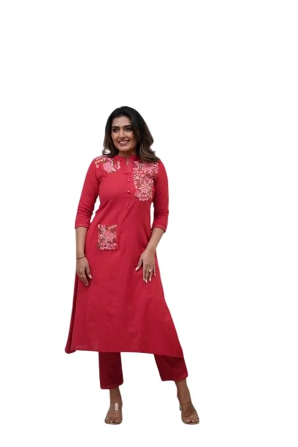 Red_Cotton_Printed_Straight_Kurti_With_Pant_For_Women