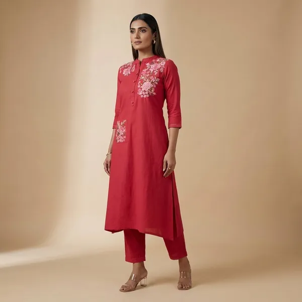 Red_Cotton_Printed_Straight_Kurti_With_Pant_For_Women