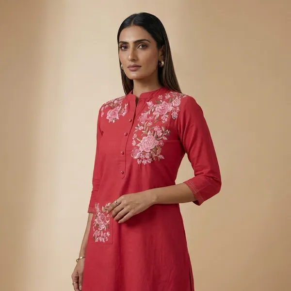 Red_Cotton_Printed_Straight_Kurti_With_Pant_For_Women