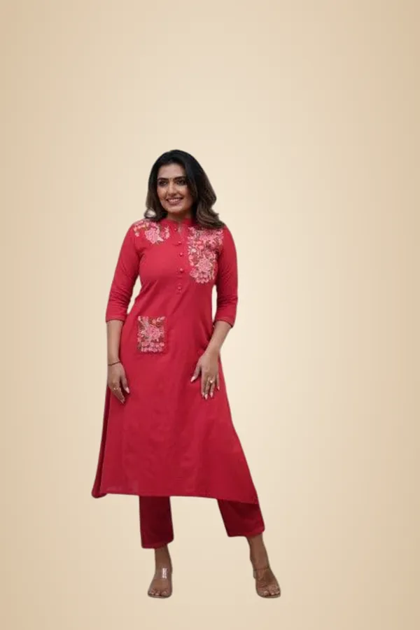 Red_Cotton_Printed_Straight_Kurti_With_Pant_For_Women