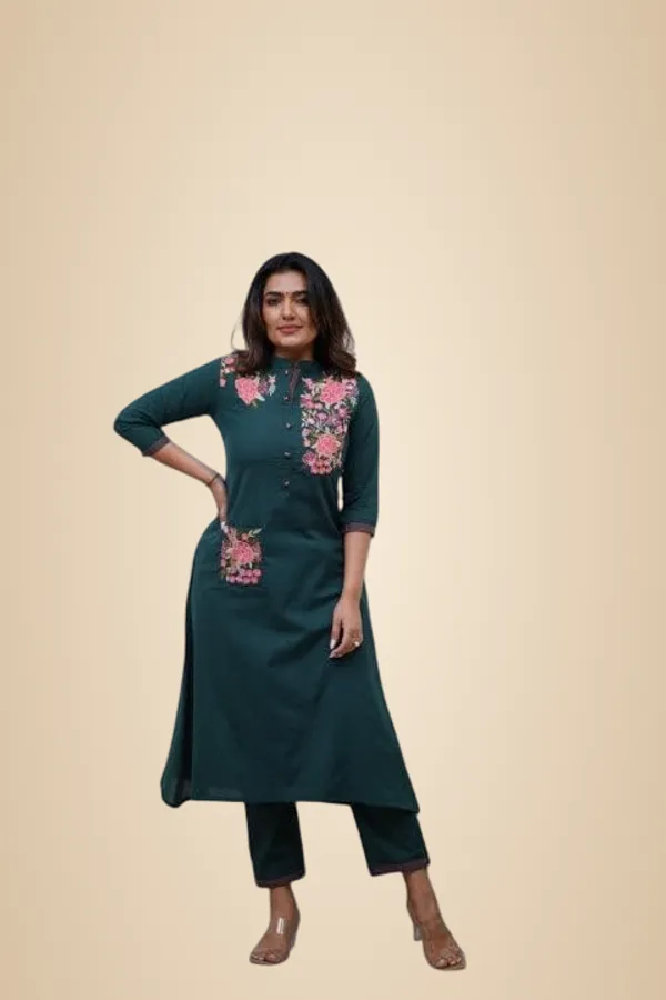 Green_Cotton_Printed_Straight_Kurti_With_Pant_For_Women