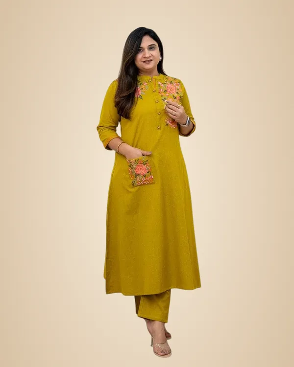Yellow_Cotton_Printed_Straight_Kurti_With_Pant_For_Women