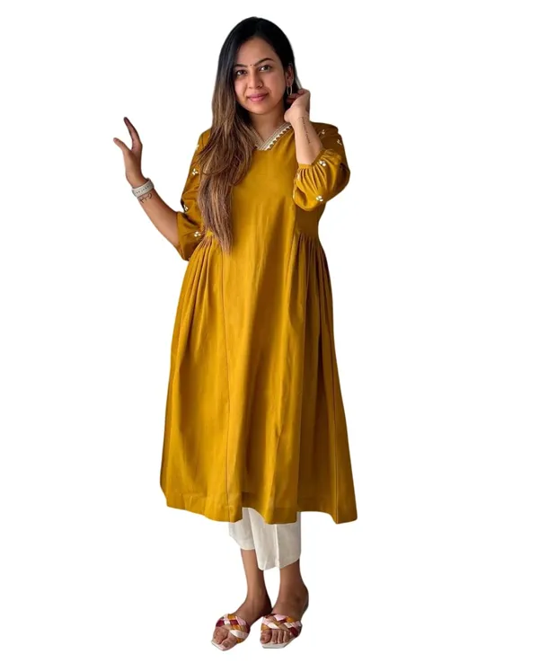 Yellow_Cotton_Embroidered_Anarkali_Kurti_With_Pant_For_Women