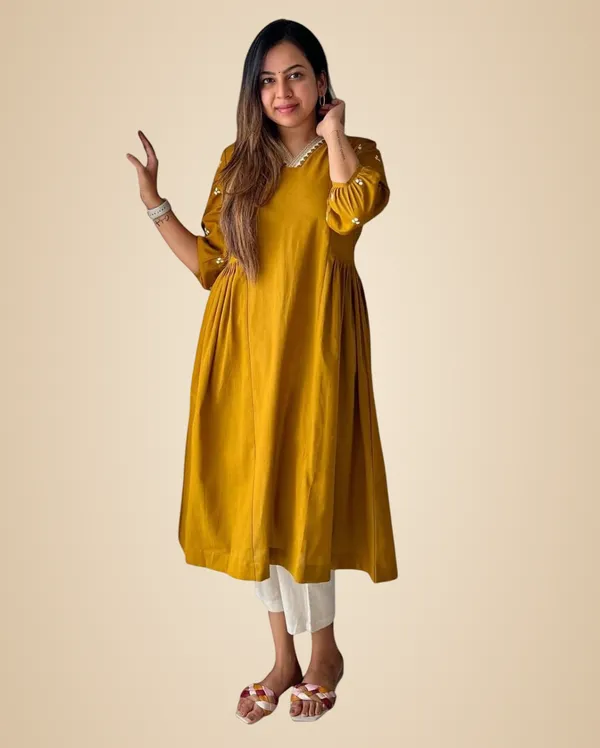 Yellow_Cotton_Embroidered_Anarkali_Kurti_With_Pant_For_Women