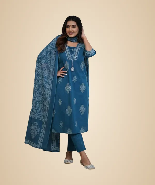 Teal_Blue_Cotton_Printed_Straight_Kurti_With_Pant_And_Dupatta_Set_For_Women