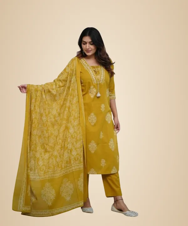 Yellow_Cotton_Printed_Straight_Kurti_With_Pant_And_Dupatta_Set_For_Women