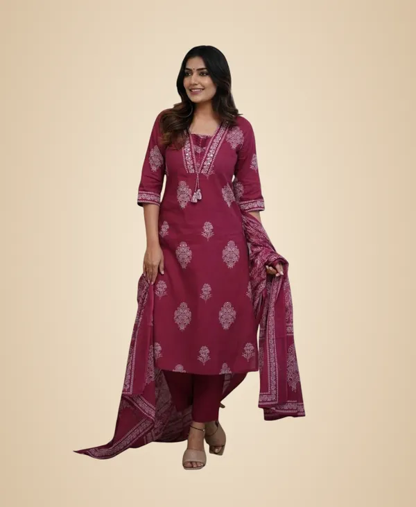 Maroon_Cotton_Printed_Straight_Kurti_With_Pant_And_Dupatta_Set_For_Women