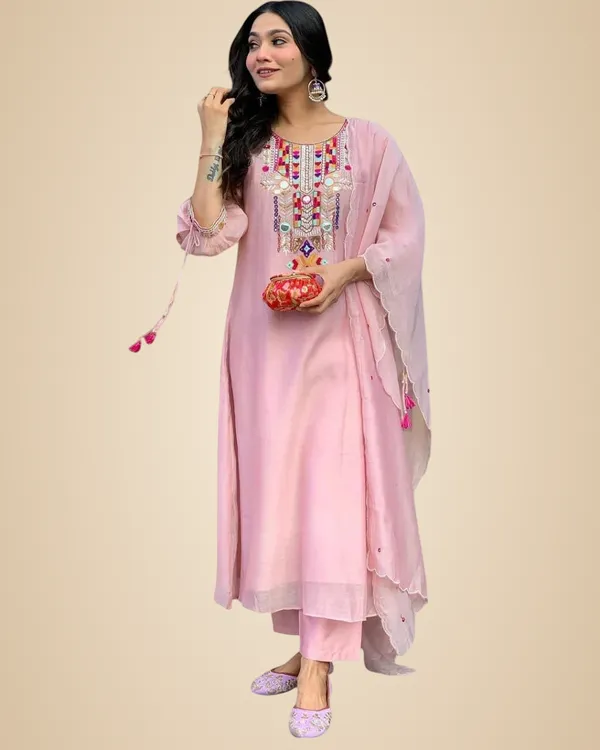 Baby_Pink_Cotton_Mirror_Work_Embroidered_Straight_Kurti_With_Pant_And_Dupatta_Set_For_Women