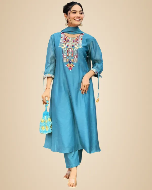 Blue_Cotton_Mirror_Work_Embroidered_Straight_Kurti_With_Pant_And_Dupatta_Set_For_Women